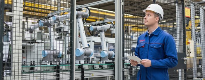 Ingeniero realizando un análisis de Seguridad Funcional EN 13849 en una línea robotizada